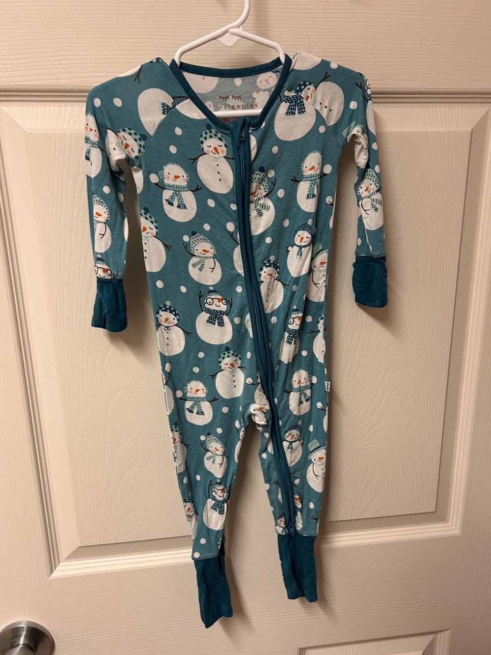 Little Sleepies 6-12 blue snowman print zippy